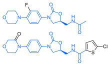 Chemical structures of linezolid (top) and rivaroxaban (bottom). The shared structure is shown in blue. Linezolid-rivaroxaban comparison.svg