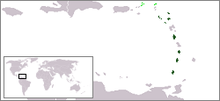 The members of the Organisation of Eastern Caribbean States (dark green) and associate members (light green). All use the East Caribbean dollar except for the British Virgin Islands, which uses the US dollar. LocationOECS.PNG