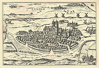 An engraving of Lund in or around 1588. By Frans Hogenbergs in the pictorial work Civitates orbis terrarum (the cities of the world). Lund cirka 1588 (Frans Hogenbergs kopparstick ur Civitates orbis terrarum).jpg