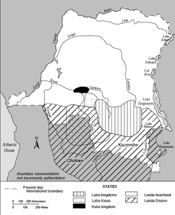 Mapa říše Lunda a království Luba v povodí řeky Kongo kolem roku 1850.