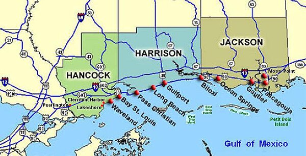 Moss Point (right edge) is north of Pascagoula, on Mississippi Highway 63, north of the Gulf of Mexico.