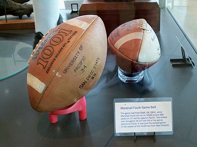 Marshall Faulk's game ball from the September 14, 1991 game when he ran for an NCAA-record 386 yards and scored 44 points in his second game as a true freshman for San Diego State