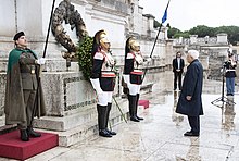 President of Italy Sergio Mattarella paying homage to the Italian Unknown Soldier at Altare della Patria in Rome during the National Unity and Armed Forces Day on 4 November 2022 Mattarella depone una corona d'alloro sulla Tomba del Milite Ignoto, 2022 (11).jpg