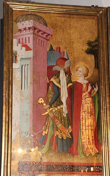 File:Meister francke, altare di santa barbara, amburgo 1420 circa, dalla chiesa di kalanti, 01 controversia sulle tre finestre della torre.JPG