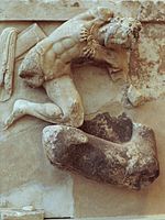 Metope, Treasury of Athenians, Heracles and Ceryneian Hind, 500 BC AM Delphi, Dlfm410.jpg
