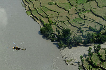 An Mi-17 helicopter formation prepares to land and refuel after a resupply run July 8, 2012, at Forward Operating Base Bostick in Kunar province, Afghanistan. The joint mission of the Afghan air force and U.S. Air Force Mi-17 helicopter crews was to resupply Afghan forces in remote locations.