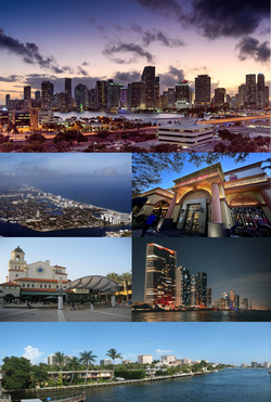 From top (left to right): Greater Downtown Miami, Fort Lauderdale, Sawgrass Mills, The Square at West Palm Beach, Miami Beach, and Boca Raton