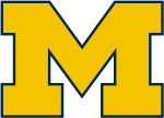 Biru blok M dengan jagung berwarna perbatasan dan kata Michigan di tengah.