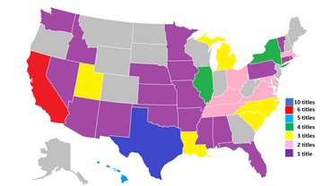 Miss USA winners by state Miss USA title holders.png