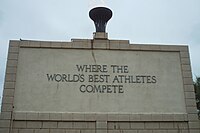 Olympic Flame and wall of honor at Hilmer Lodge Stadium