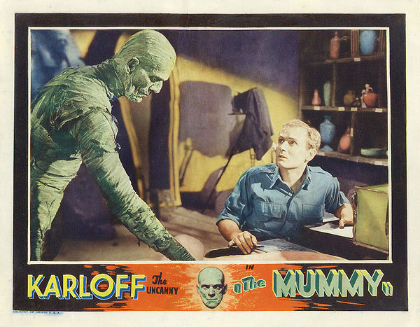 Film poster with text: "Karloff the uncanny in The Mummy"