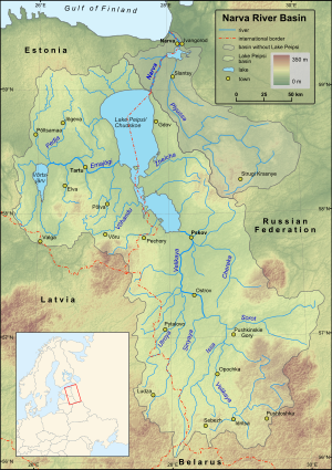Mapa de las piscinas del río Narva y el lago Peipus.