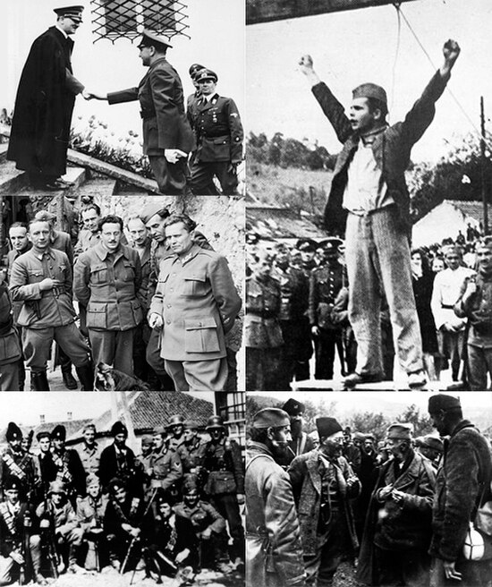 Clockwise from top left: Ante Pavelić visits Adolf Hitler at the Berghof; Stjepan Filipović hanged by the occupation forces; Draža Mihailović confers 