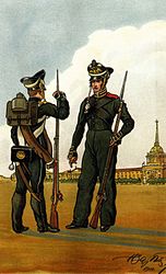 Фузилёр 3-го Морского полка (зимняя форма; слева) и матрос Гвардейского экипажа (зимняя форма), из серии «Русская армия в 1812 году».