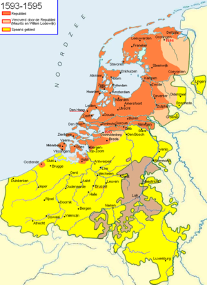 A map of the Netherlands showing the progress of the war against Spain from 1593 to 1595. Nederlanden 1593-1595.PNG