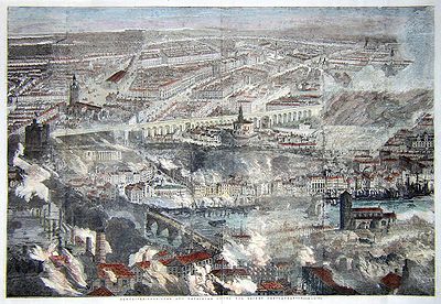 A portrayal of Newcastle and Gateshead during the conflagration; Newcastle is across the river, Gateshead in the foreground.
Handcoloured woodblock engraving from the Illustrated London News, 14 October 1854 Newcastle and Gateshead Great Fire 1854 - Illustrated London News.jpg