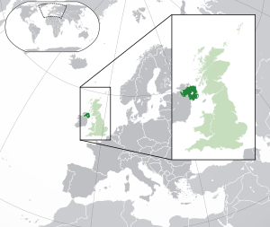 Situation de l'Irlande du Nord au sein du Royaume-Uni et de l'Europe.