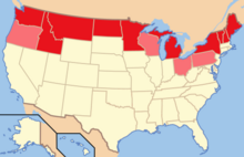 The Northern Tier of the United States. States sometimes included are shown in light red. Northern Tier.png