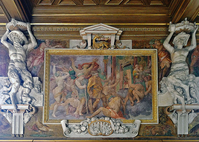 The Enlightenment of Francois I by Rosso Fiorentino, and its surround in the Gallery of Francois I in the palace. A preparatory drawing is copied in t