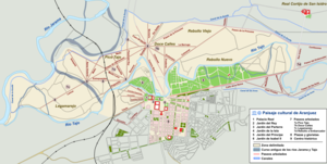 Mapa de la delimitación del Paisaje cultural de Aranjuez con la distribución de los distintos paseos arbolados