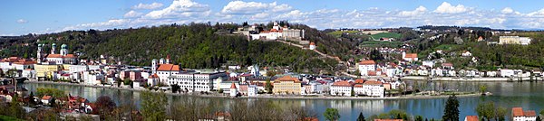 Passau from the south in April 2008. In front of the Inn