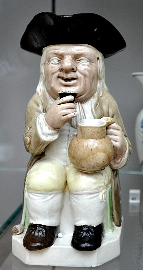 Toby jug made by Ralph Wood the Younger, Burslem, c. 1782–1795 (Victoria & Albert Museum), coloured lead glazes.