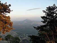 Une illustration des petites distances en Attique. Dans le fond, le mont Pentélique. Au centre, une partie de la plaine d'Athènes. Au premier plan, des arbres poussant sur les pentes du Mont Parnès (photographie prise en octobre).