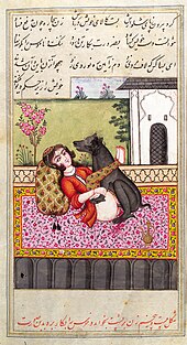 A 15th-century Persian miniature Persian woman with an animal Wellcome L0033282.jpg