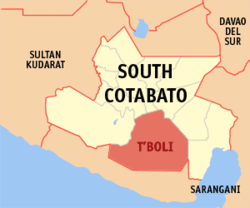 Mapa ng Timog Cotabato na nagpapakita sa lokasyon ng T'Boli.