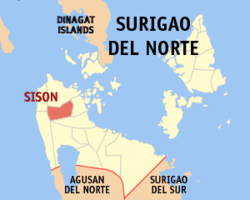 Mapa ng Surigao del Norte na nagpapakita sa lokasyon ng Sison.