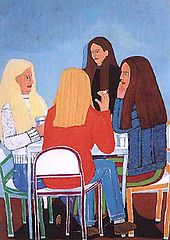 Fire tenåringsjenter med langt hår sitter ved et lite firkantet bord;  lyse blått og rødt dominerer i dette maleriet.