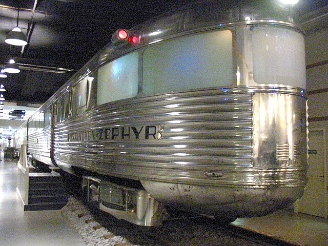 The observation car (rear) end of the Pioneer Zephyr as seen at the Chicago Museum of Science and Industry.