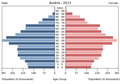 English: The population pyramid of Austria illustrates the age and sex structure of population and may provide insights about political and social stability, as well as economic development. The population is distributed along the horizontal axis, with males shown on the left and females on the right. The male and female populations are broken down into 5-year age groups represented as horizontal bars along the vertical axis, with the youngest age groups at the bottom and the oldest at the top. The shape of the population pyramid gradually evolves over time based on fertility, mortality, and international migration trends. Українська: Віково-статева піраміда населення Австрії за 2013 рік. Вона дає наочне уявлення про вікову і статеву структура населення країни, може слугувати джерелом інформації про політичну і соціальну стабільність, економічний розвиток. Блакитними кольорами ліворуч, у вигляді горизонтальних смуг показані вікові групи (з кроком 5 років кожна) чоловічої статі, праворуч рожевими — жіночої. Наймолодші вікові групи — внизу, найстаріші — вгорі. Форма піраміди поступово еволюціонує з плином часу під впливом чинників народжуваності, смертності і світової міграції.