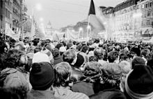 The Velvet Revolution ended 41 years of authoritarian Communist rule in Czechoslovakia in 1989. Praha 19891122-419-02.jpg