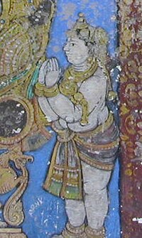 A mural of Prahlada in Srirangam Ranganathsvami Temple, Tiruchirapalli, Tamilnadu, showing him witness Narasimha killing both Hiranyakashipu and Shara