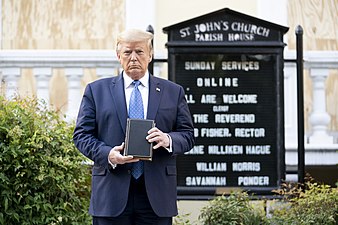 President Trump at St. John's Episcopal Church. The removal of the peaceful protestors for the purpose of a photo op upset protestors and church officials.[67]