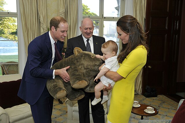 The Duke and Duchess of Cambridge and Prince George of Cambridge at a reception hosted by Governor-General Peter Cosgrove at Admiralty House, Sydney, 