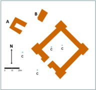 Plan de masse du fortin et des bâtiments A et B voisins. C = citerne.