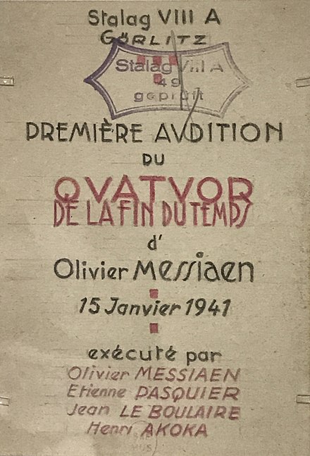 Invitation pour la création du Quatuor pour la fin du Temps réalisée par un détenu du Stalag de Görlitz, janvier 1941.