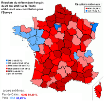 Les Quimpérois ont voté majoritairement pour la constitution européenne contrairement à la moyenne nationale (représentée en rouge).
