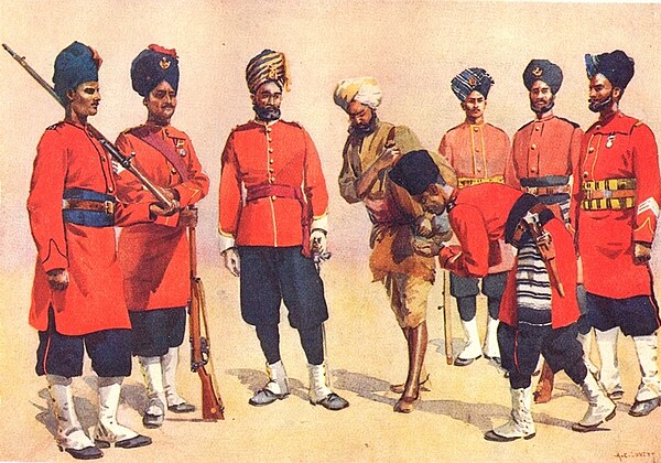 Rajput soldiers of the British Indian Army. Left to right: 13th Rajputs, man and havildar from the 7th Duke of Connaught's Own Rajputs, Subadar and se