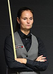 Reanne Evans met former partner Mark Allen in the first round, losing 2-3. Reanne Evans PHC 2017-1.jpg