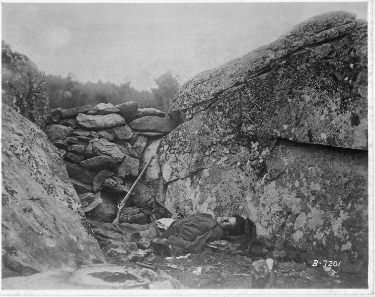 File:Rebel sharpshooter, Gettysburg. July 5, 1863. (On Nov. 19, same year, the photographer again visited this spot and... - NARA - 530476.tif