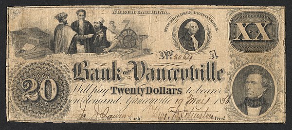 Bank of Yanceyville 20-dollar banknote from 1856
