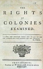 Hopkins' pamphlet was widely circulated in the Thirteen Colonies. RightsColoniesExamined.cropped.jpg