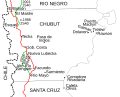 Parcours de la route nationale 40 dans la province de Chubut. Le parcours actuel est tracé en rouge. En vert, l'ancien tracé.