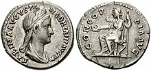 Denarius of Vibia Sabina, Roman empress from AD 117 to c. 136. SABINA RIC II 399a-1960284.jpg