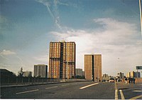 Salford tower blocks in 2001. Tower blocks were mostly built between the 1950s and 1970s. Salford B1.jpg