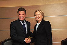 President of Colombia, Juan Manuel Santos and U.S. Secretary of State, Hillary Clinton seeking business relationships. Santos and Clinton.jpg