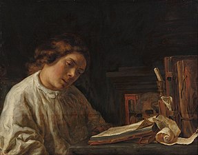 Autoportrait à l'âge de dix-sept ans, avec nature morte, de Samuel van Hoogstraten (1644, musée Boijmans Van Beuningen). Si la composition et le sujet n'ont rien à voir avec l'œuvre de Rembrandt, « la douceur du coloris et la virtuosité du pinceau trahissent l'influence du maître »[120].